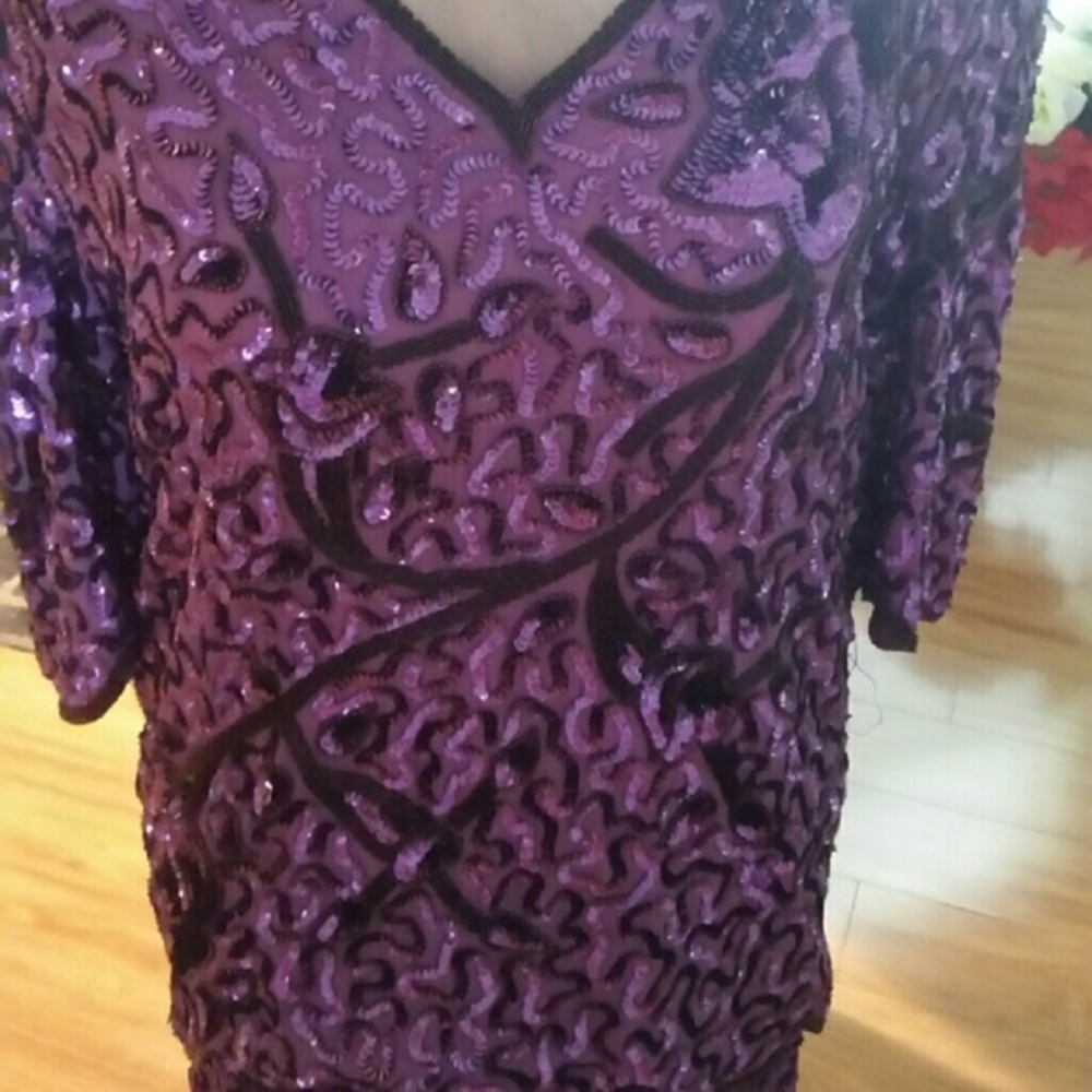 Purple Beaded Sheer sequin 2pc Top And Skirt - Picture 5 of 17
